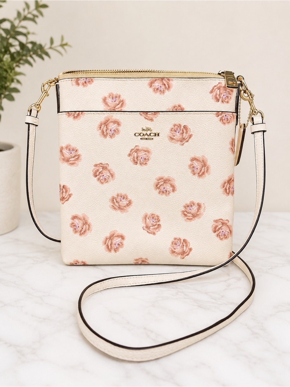 Coach Floral Embossed Crossbody Bag in Cream and Pink